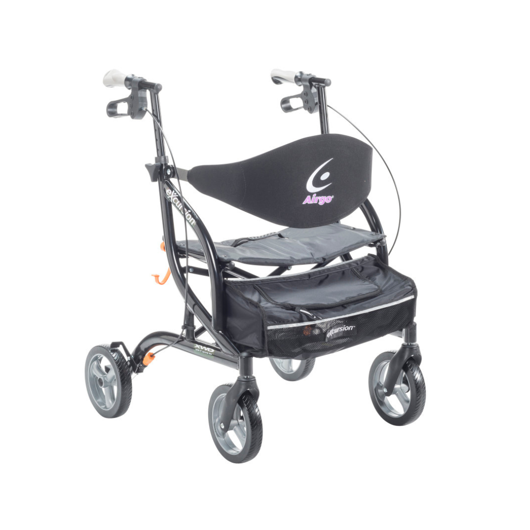 The Drive Airgo eXcursion XWD Lightweight Bariatric Rollator, in black, features four wheels, hand brakes, a padded seat with backrest, and a storage pouch beneath the seat, shown here against a white background.